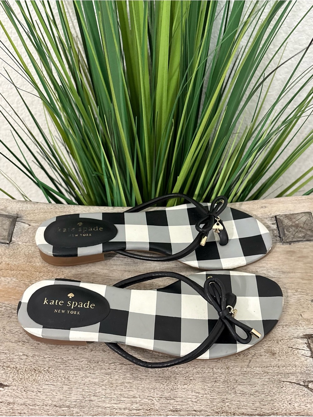 kate spade Black & White Gingham Slide Sandals